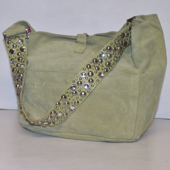Never Carried Deux Lux Genuine Suede Leather Crystal Rhinestone Strap Hobo Bag - Picture 1 of 12